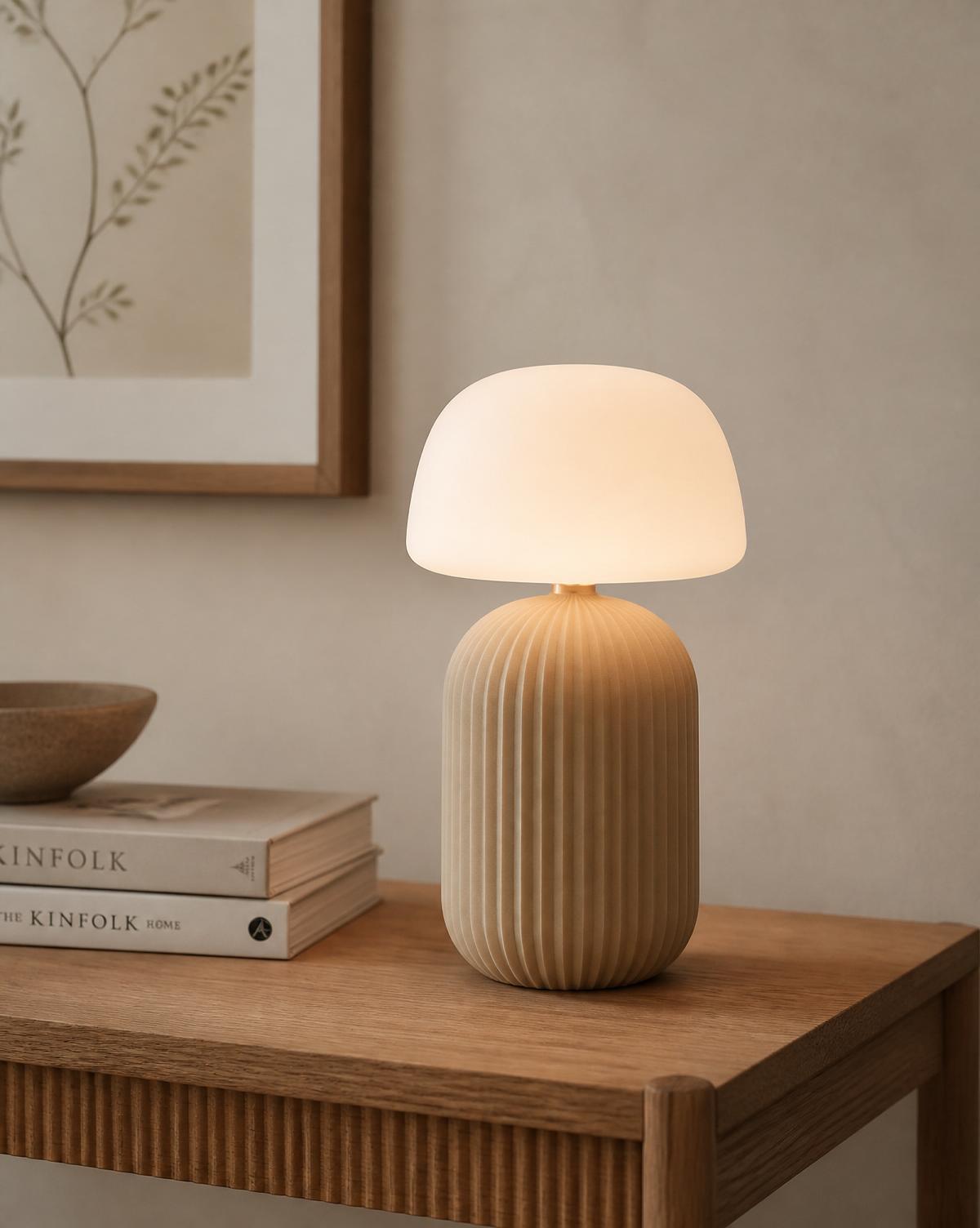 Render of a 3D-printed designer table lamp