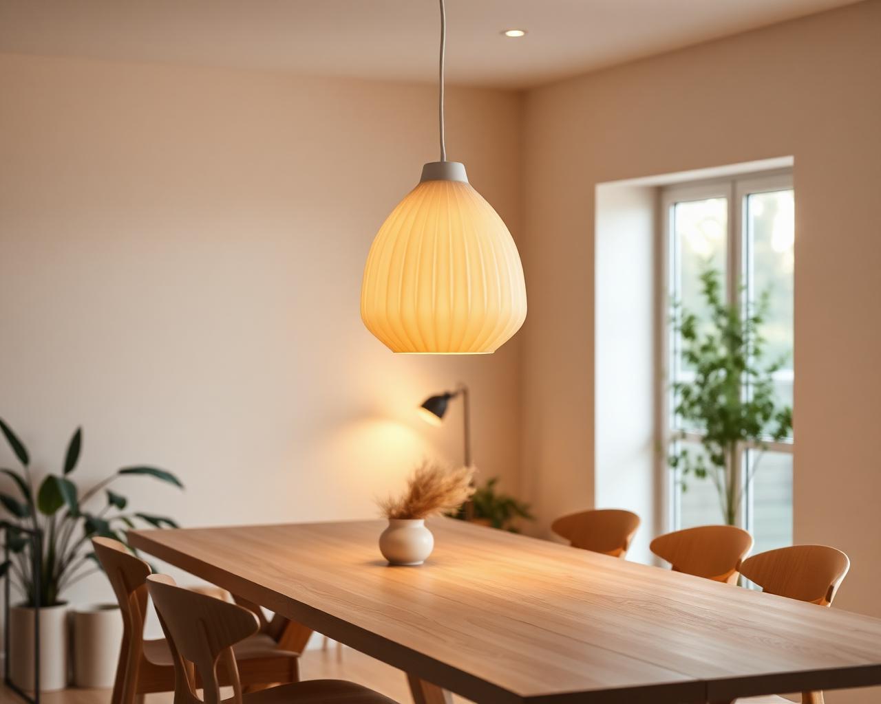 Lit pendant over a wooden dining table